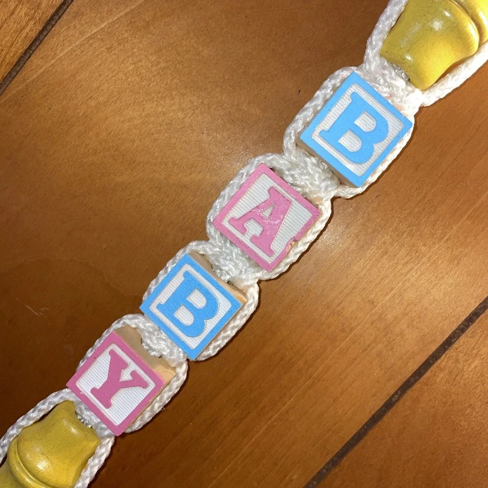 Vintage handmade macrame decoration hanging‎ wooden baby blocks bells yellow